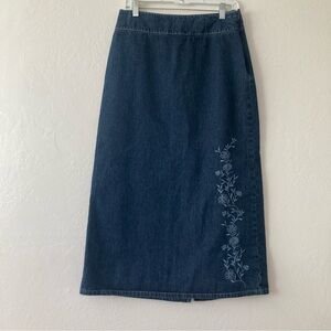 Vintage Denim Midi Skirt Dark Wash Embroidered Floral 90s Y2K Covington Size 6